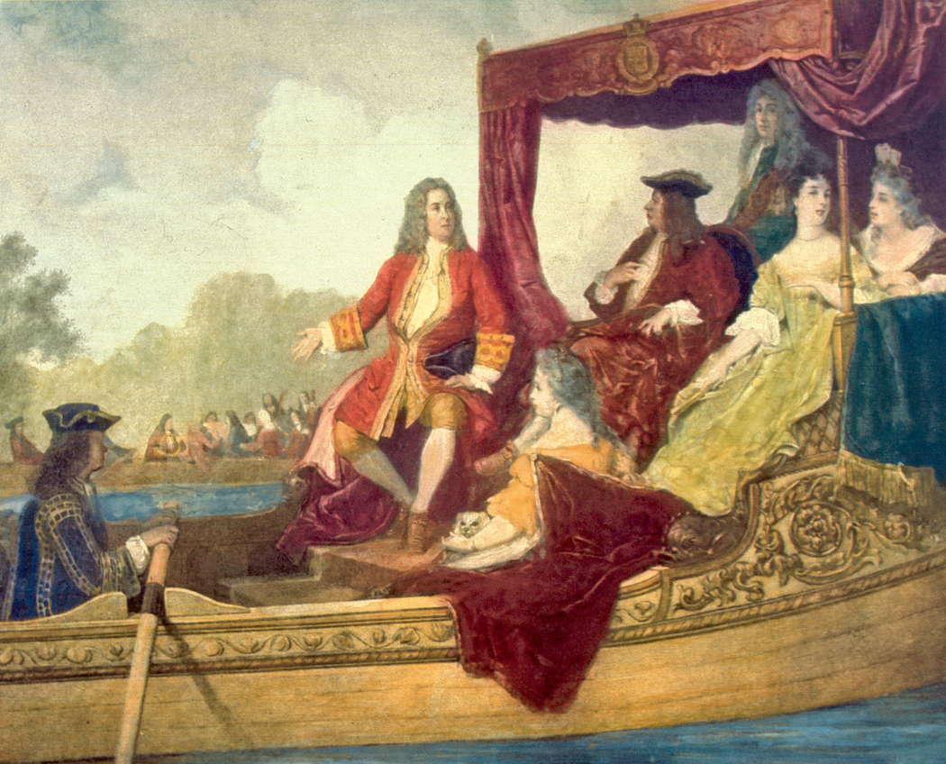 A painting by Edouard Hamman (1819-88) of G F Handel (centre) and King George I on the River Thames in the UK on 17 July 1717
