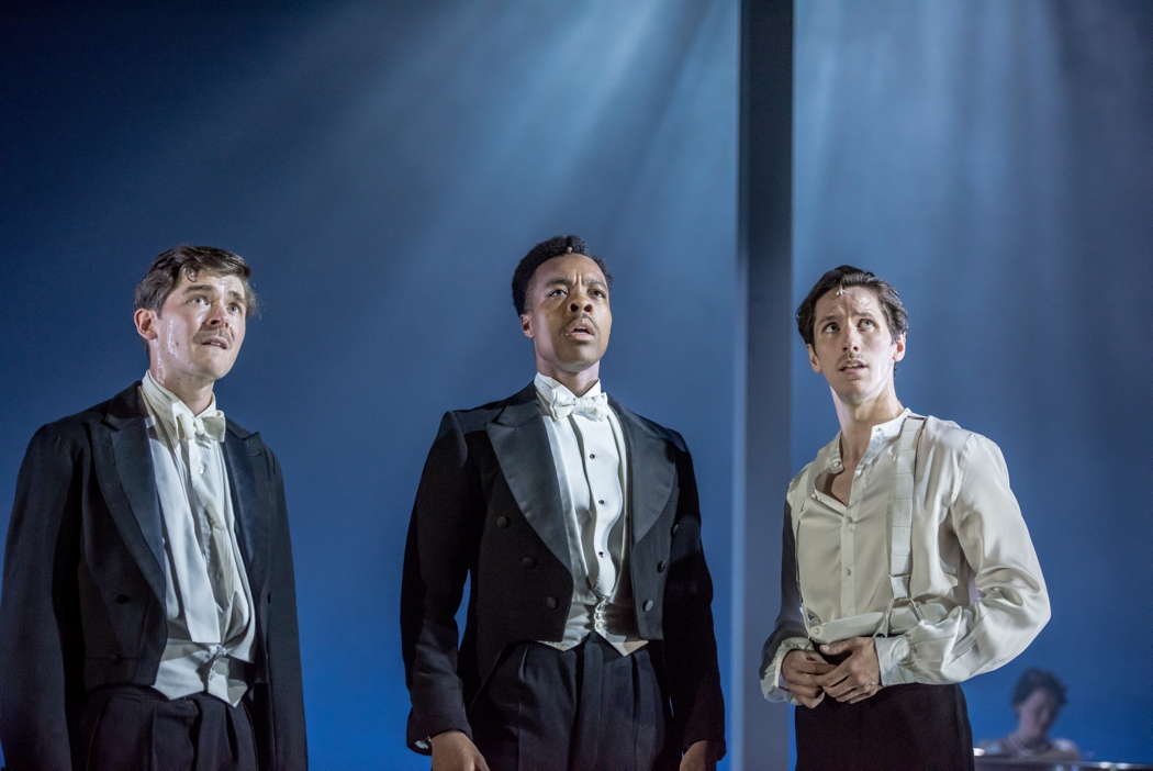From left to right: Alexander Knox as Roland Leighton, Kit Esuruoso as Bobbie and George Arvidson as Edward Brittain. Photo © 2023 Genevieve Girling