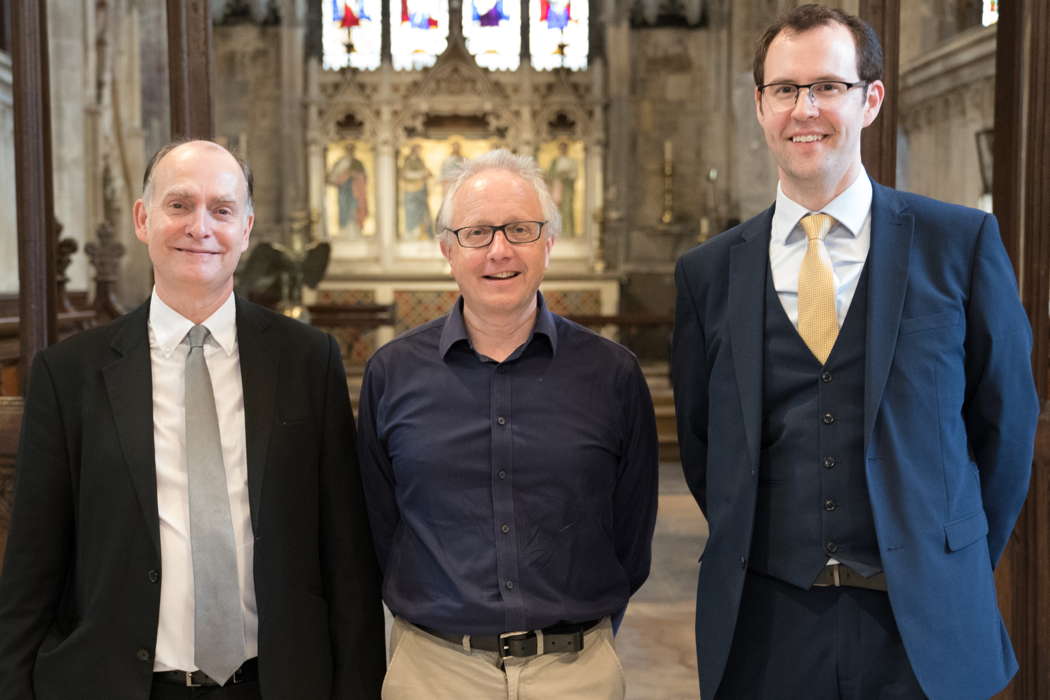 From left to right, the three musical directors of the Three Choirs Festival: Adrian Partington, Geraint Bowen and Samuel Hudson. Photo © 2019 Michael Whitefoot