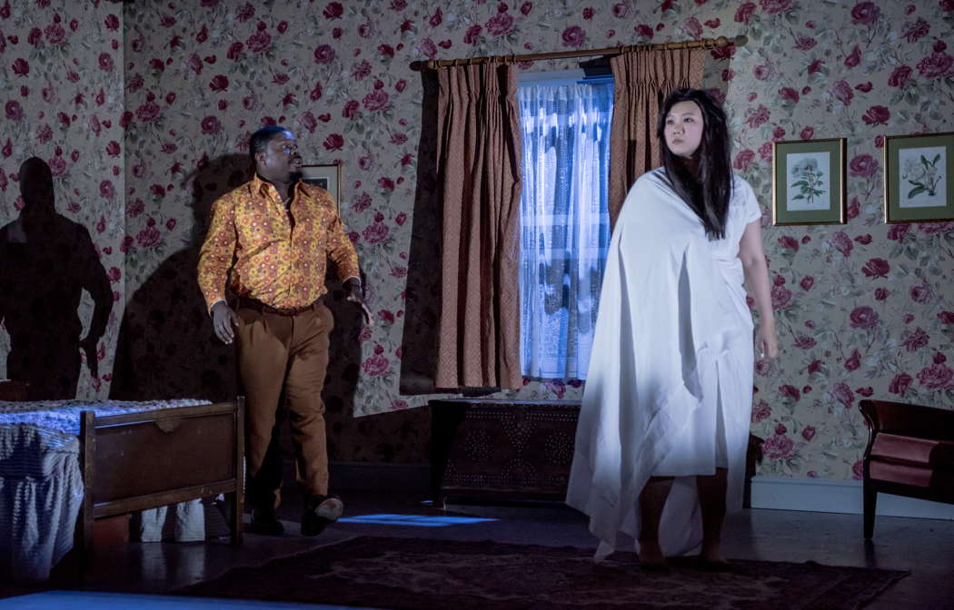 Simon Shibambu as Count Rodolfo and Ziyi Dai as Amina in Bellini's 'La Sonnambula' at Buxton. Photo © 2023 Genevieve Girling