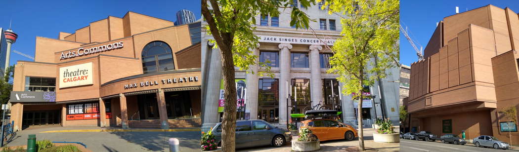 The Jack Singer Concert Hall forms part of Arts Commons (left, with Calgary Tower, a highlight of the city's skyline, visible far left). After construction of the concert hall - the main facade is shown in the centre panel - someone donated extra funding for an organ, and to accommodate this, the back of the hall had to be built out over the pavement/sidewalk, as shown in the right hand panel. Photos © 2023 Keith Bramich