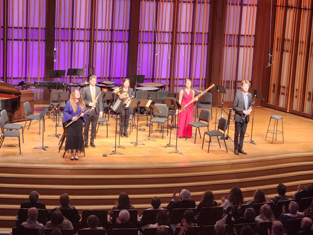 The woodwind players, from left to right: Rose Lombardo, Marc Lachat, Kaylet Torrez, Eleni Katz and Anton Rist. Photo © 2023 Ron Bierman