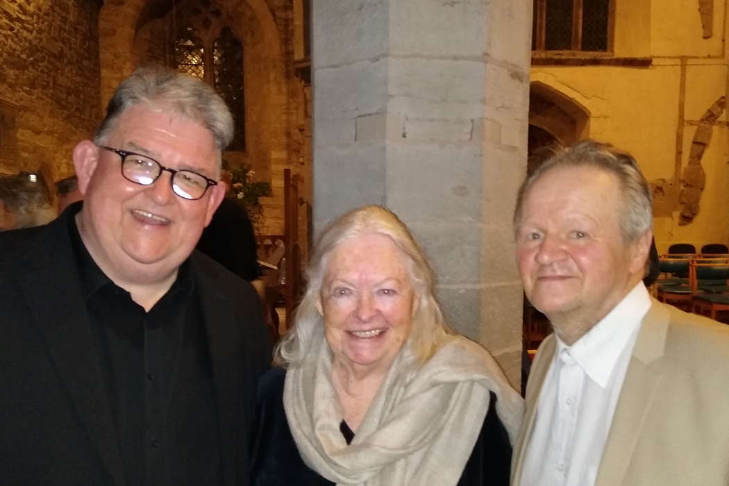From left to right: George Vass, Gillian Clarke and Adrian Williams in St Andrew's Church, Presteigne, after the performance of 'The Innocent Fields' at the Presteigne Festival. Photo © 2023 Keith Bramich
