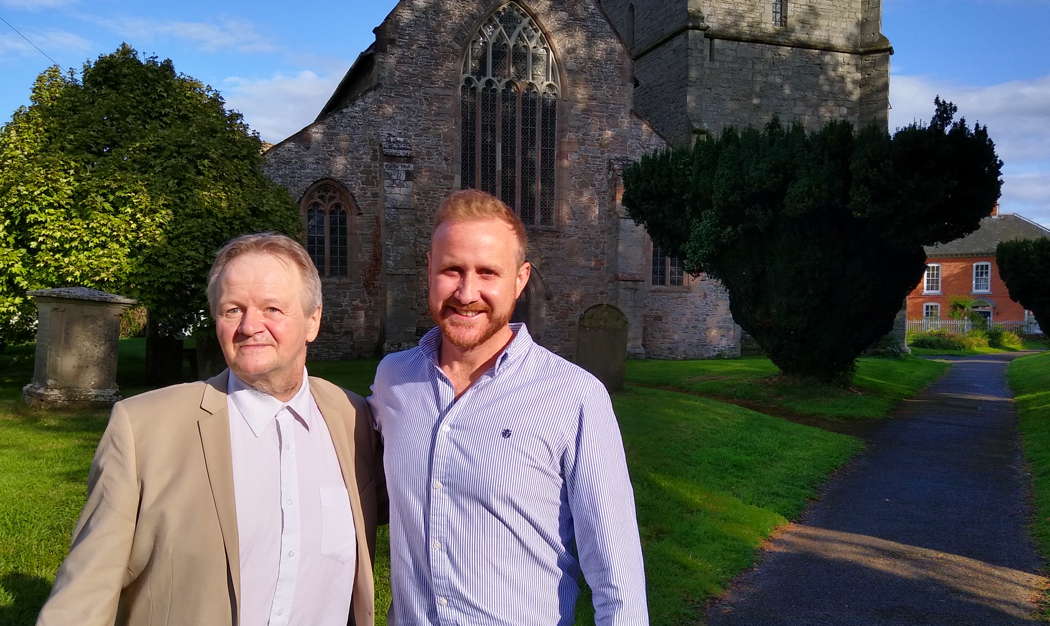 Adrian Williams (left) and Julien van Mellaerts in front of St Andrew's Church, Presteigne, at the Presteigne Festival. Photo © 2023 Keith Bramich