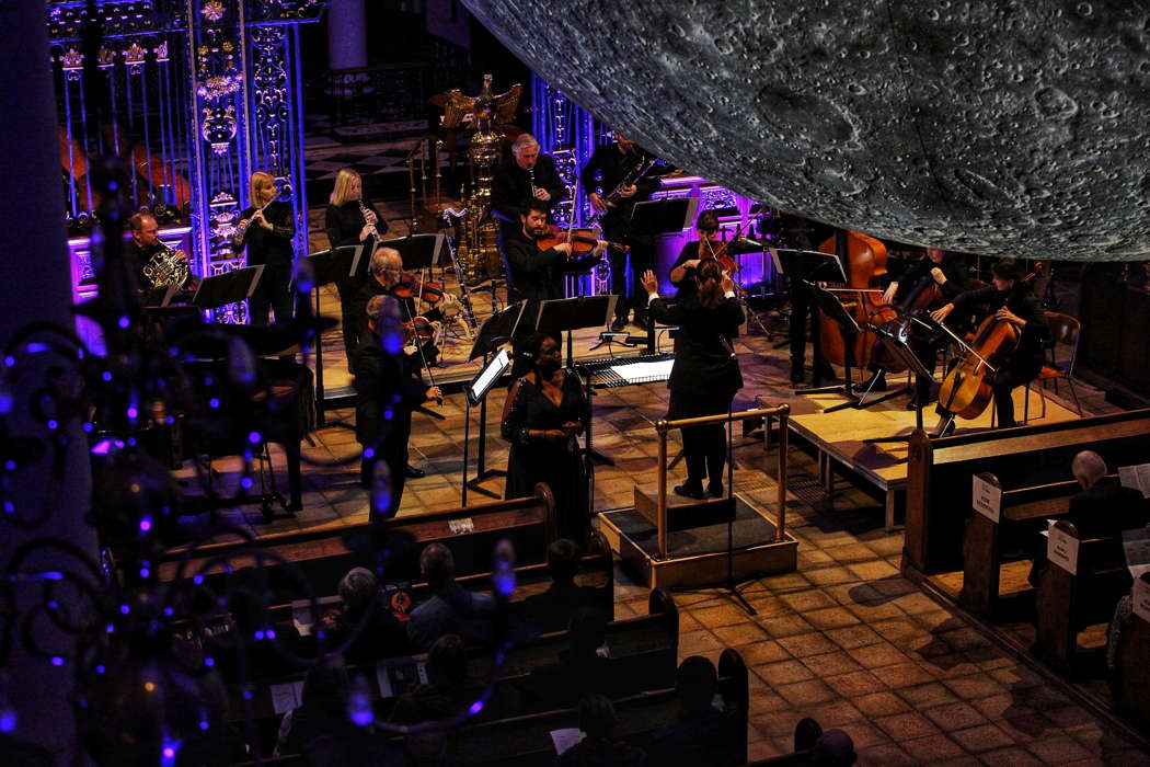 Nadine Benjamin, Olivia Clarke and Sinfonia Viva performing in Derby Cathedral under Luke Jerram's 'Museum of the Moon'. Photo © 2023 Ali Johnston