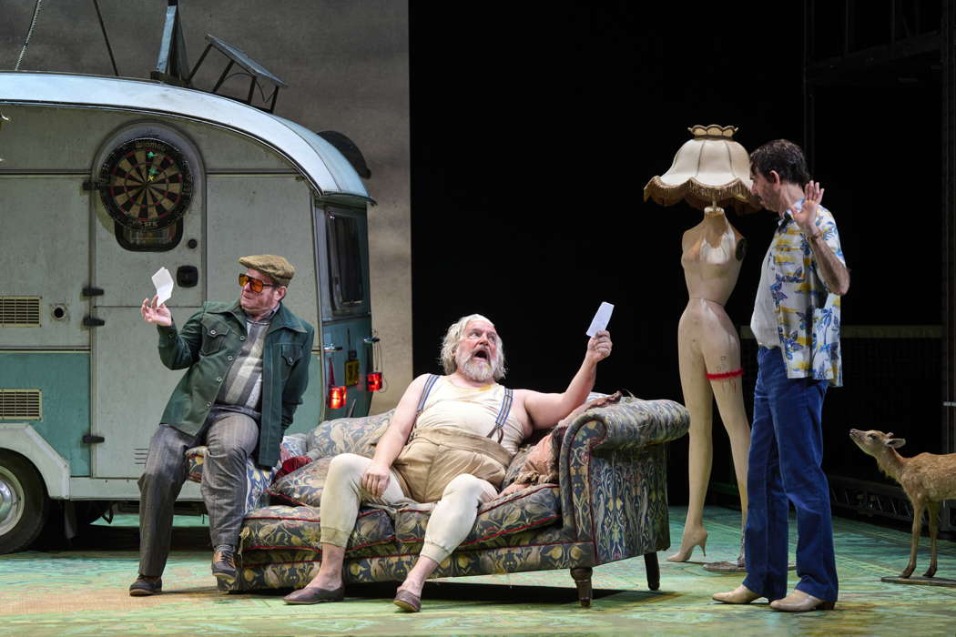 From left to right: Colin Judson as Bardolph, Henry Waddington as Falstaff and Dean Robinson as Pistol, in Opera North's production of Verdi's 'Falstaff'. Photo © 2023 Richard H Smith