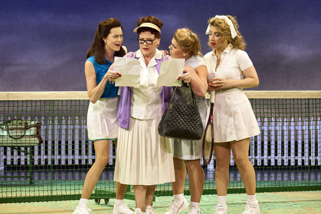 From left to right: Kate Royal as Alice Ford, Louise Winter as Mistress Quickly, Helen Évora as Meg Page and Isabelle Peters as Nannetta, in Opera North's production of Verdi's 'Falstaff'. Photo © 2023 Richard H Smith