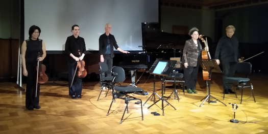 Pianist Reinier van Houdt and Quatuor Bozzini acknowledge applause at the end of Kyriakides' 'hYDAtorizon'. Photo © 2023 Keith Bramich