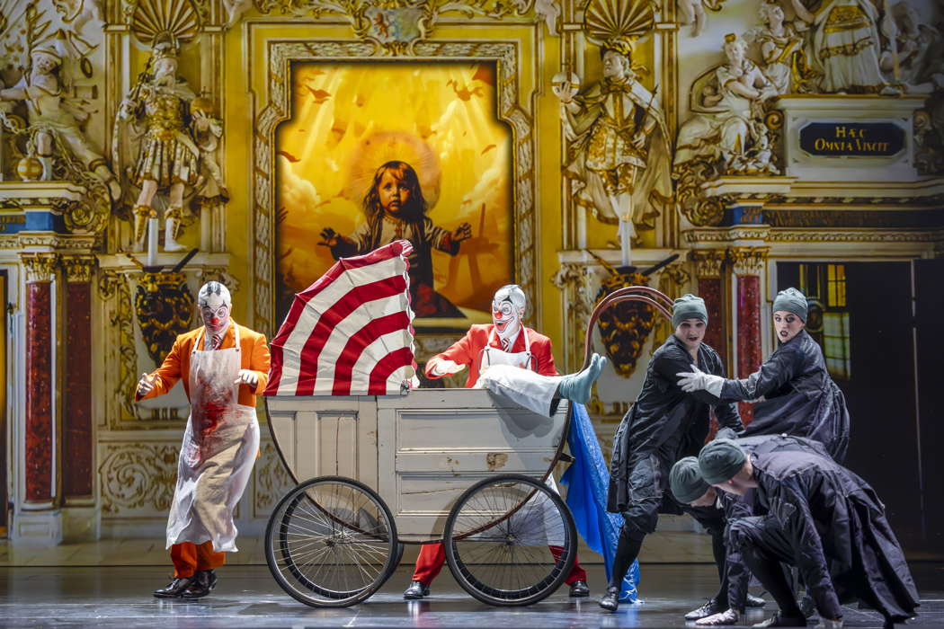 James Laing as Tousel Blond and James Hall as Strumpet Ginger with dancers Ben Yorke-Griffiths, Rose Ellen Lewis, Jonny Aubrey-Bentley and Ruby Portus in Opera North's production of 'Masque of Might'. Photo © 2023 James Glossop
