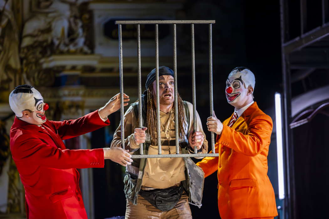 James Hall as Strumpet Ginger, Andri Björn Róbertsson as Nebulous and James Laing as Tousel Blond in Opera North's production of 'Masque of Might'. Photo © 2023 James Glossop