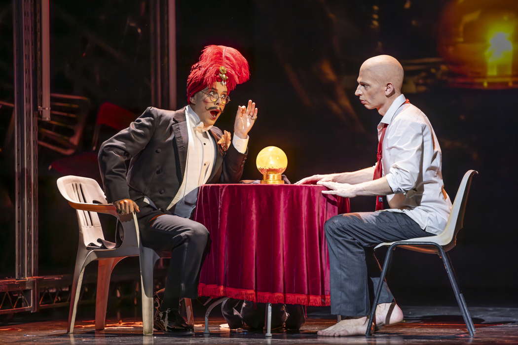 Xavier Hetherington as Seer with Callum Thorpe as Diktat in Opera North's production of 'Masque of Might'. Photo © 2023 James Glossop