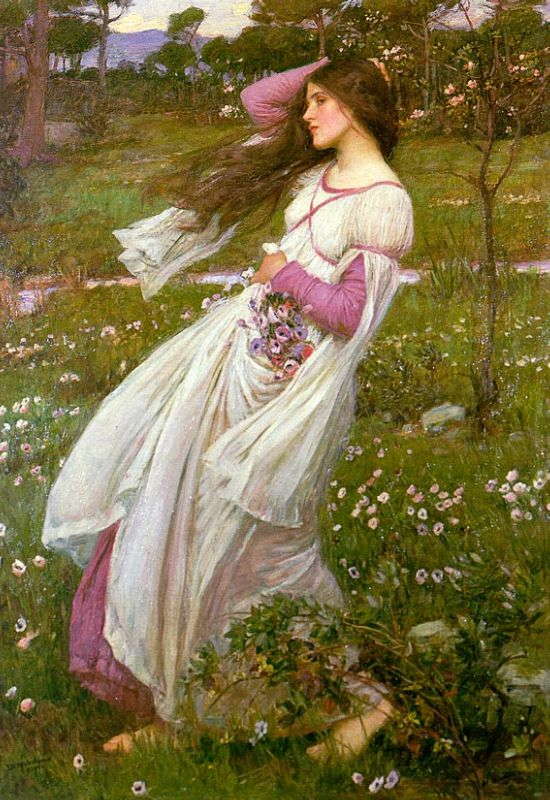 The 1903 oil-on-canvas painting 'Windflowers', also known as 'Windswept', by Pre-Raphaelite English painter John William Waterhouse (1849-1917)