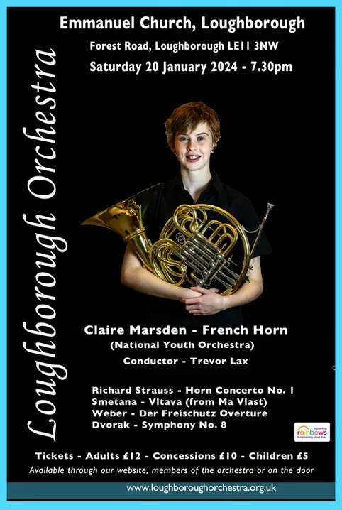 Loughborough Orchestra's concert poster for 20 January 2024, featuring Claire Marsden