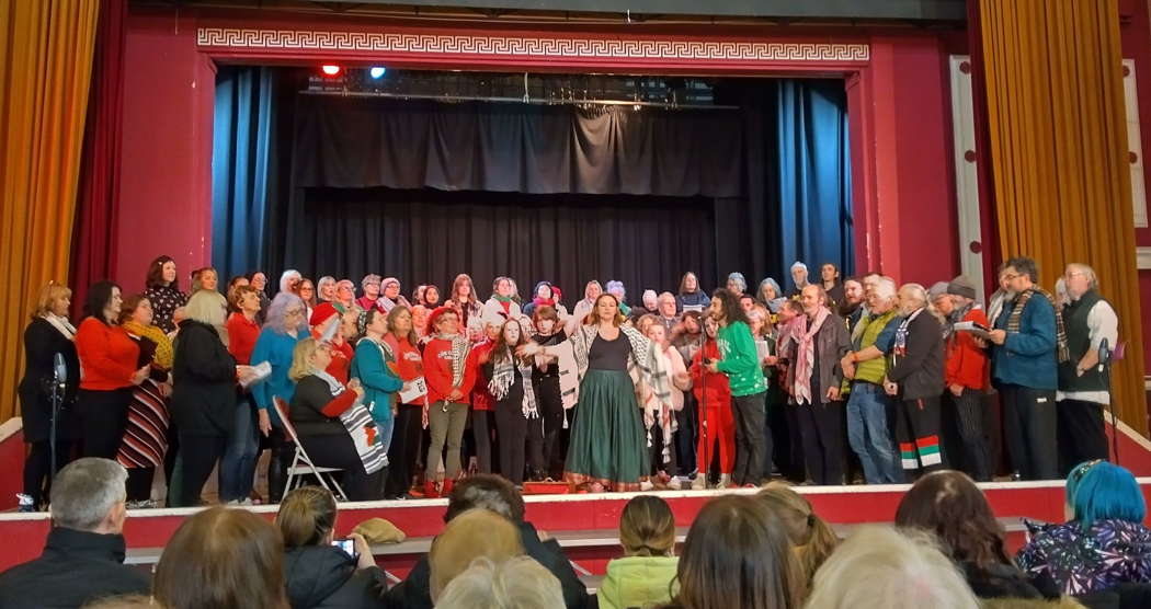 Charlotte Church (centre) at a benefit concert for Middle East Children's Alliance, in Caerphilly, Wales on 24 February 2024, with a hundred singers and Palestine Solidarity Cymru. The event apparently ended with all the performers chanting the words 'From the river to the sea, Palestine will be free' - a chant which some Israelis view as offensive and racist, claiming that it refers to the complete destruction of Israel.