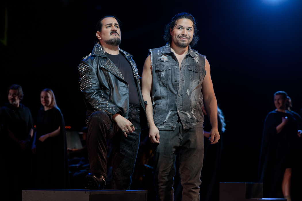 Germán Enrique Alcántar as Don Giovanni (left) and Ethan Vincent as Leporello in San Diego Opera's production of 'Don Giovanni'. Photo © 2024 Karli Cadel