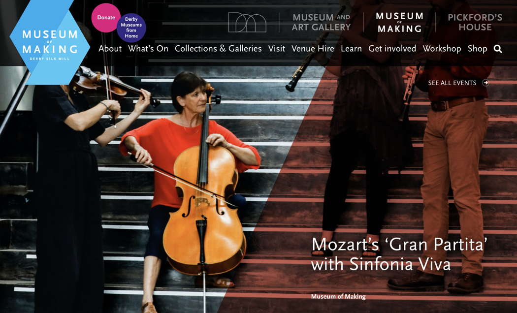 Online advertising for Sinfonia Viva's performance of Mozart's 'Gran Partita' at Derby's Museum of Making