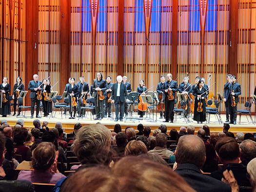 Edo de Waart with the strings of the San Diego Symphony Orchestra at the Conrad in La Jolla on 9 February 2024. Photo © 2024 Ron Bierman