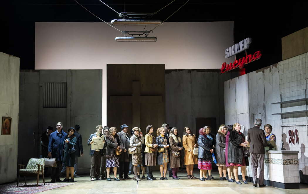 Members of the Chorus of Opera North with Anne-Marie Owens as Lucia (far right) in Mascagni's 'Cavalleria Rusticana' at Leeds Grand Theatre on 15 February 2024. Photo © 2024 Tristram Kenton