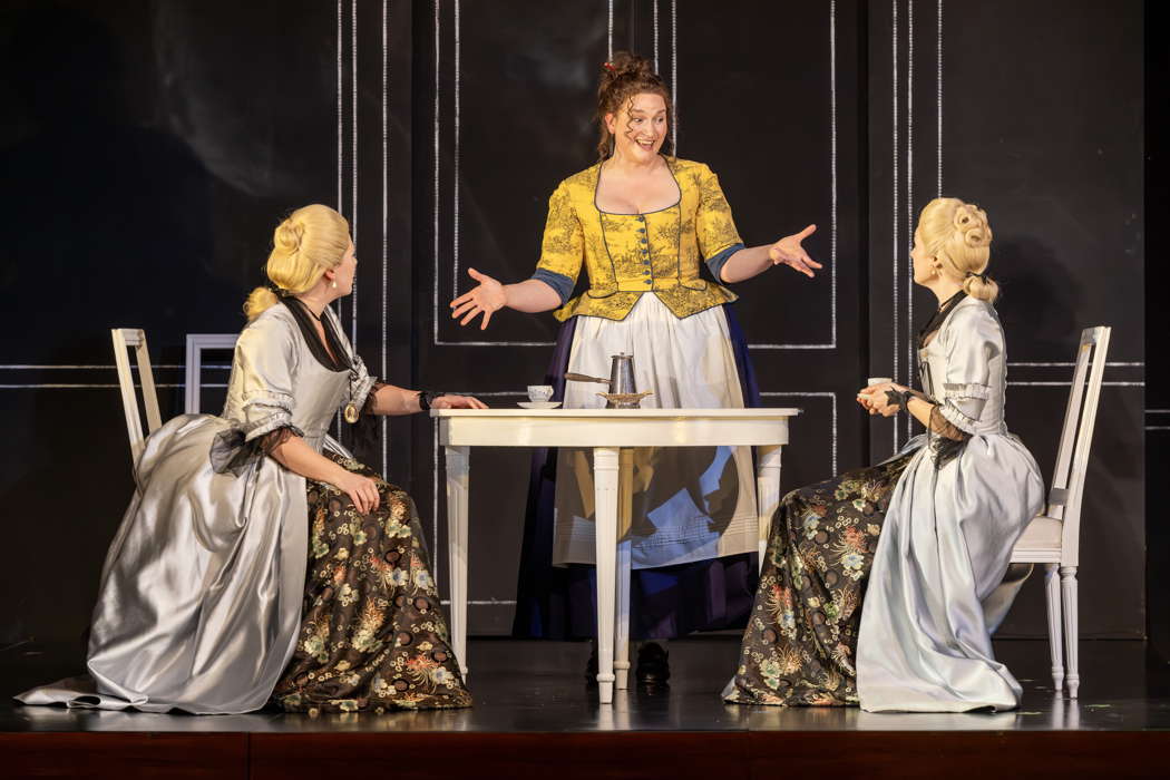 Alexandra Lowe as Fiordiligi, Gillene Butterfield as Despina and Heather Lowe as Dorabella in Tim Albery's production for Opera North of Mozart's 'Così fan tutte'. Photo © 2024 James Glossop