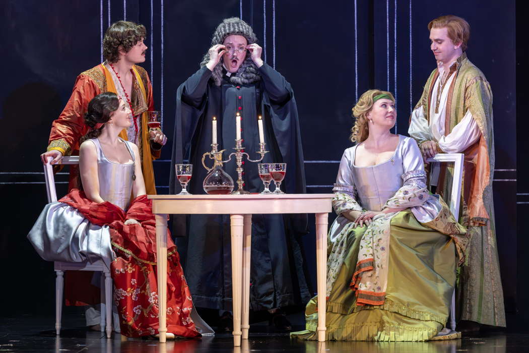 Henry Neill as Guglielmo, Heather Lowe as Dorabella, Gillene Butterfield as Despina, Alexandra Lowe as Fiordiligi and Anthony Gregory as Ferrando in Tim Albery's production for Opera North of Mozart's 'Così fan tutte'. Photo © 2024 James Glossop