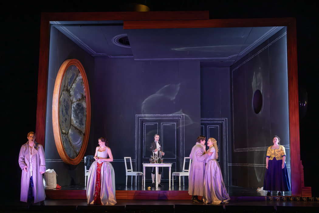 Antony Gregory as Ferrando, Heather Lowe as Dorabella, Quirijn de Lang as Don Alfonso, Henry Neill as Guglielmo, Alexandra Lowe as Fiordiligi and Gillene Butterfield as Despina in Tim Albery's production for Opera North of Mozart's 'Così fan tutte'. Photo © 2024 James Glossop