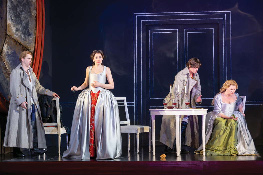 Anthony Gregory as Ferrando, Heather Lowe as Dorabella, Henry Neill as Guglielmo and Alexandra Lowe as Fiordiligi in Tim Albery's production for Opera North of Mozart's 'Così fan tutte'. Photo © 2024 James Glossop