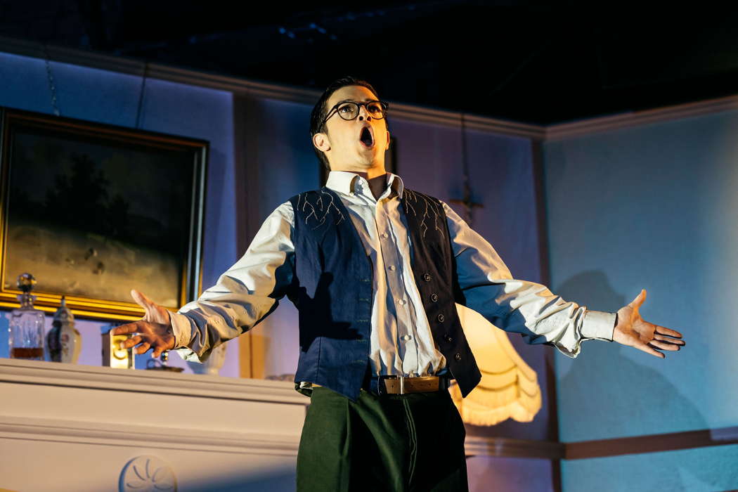 Attractive baritone Matthew Pandya as Cendrillon's father Pandolfo, in an unusually dramatic moment of Massenet's 'Cendrillon' in Birmingham. Photo © 2024 Greg Milner
