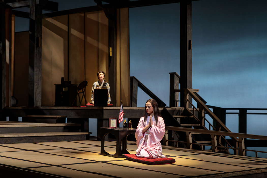 Corinne Winters as Cio-Cio-San with, in the background, Stephanie Doche as Suzuki in Puccini's 'Madama Butterfly' at San Diego Opera. Photo © 2024 Karli Cadel