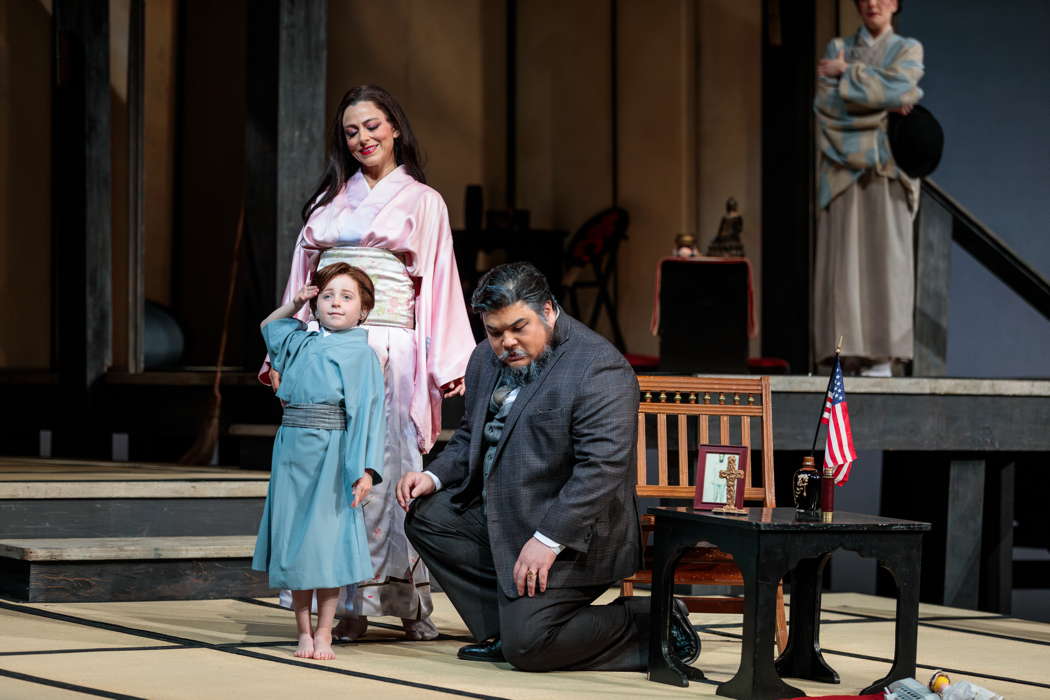 Corinne Winters as Cio-Cio-San, Addison Smyres as Trouble and Kidon Choi as Sharpless in Puccini's 'Madama Butterfly' at San Diego Opera. Photo © 2024 Karli Cadel