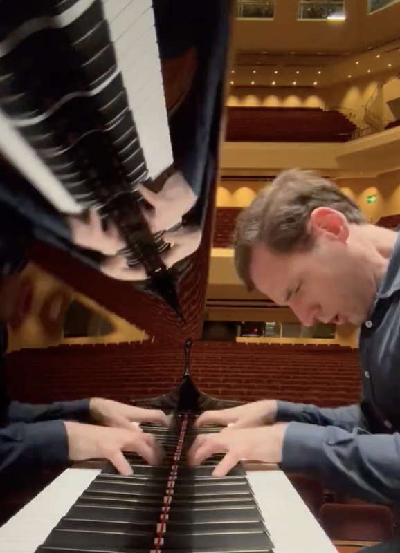 Boris Giltburg rehearsing Rachmaninov in Nottingham's Royal Concert Hall for the 27 June 2024 performance