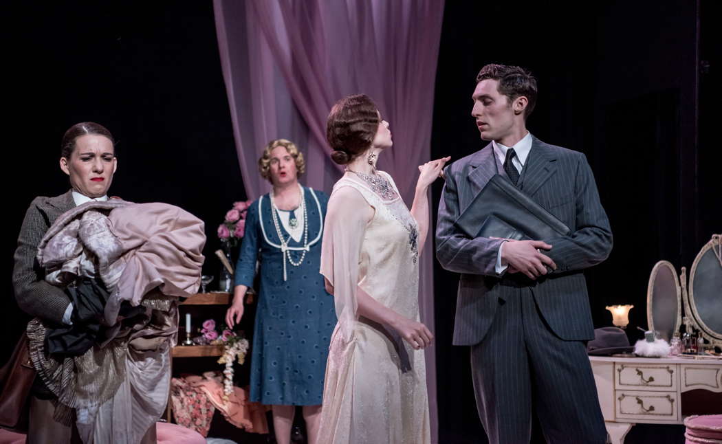 From left to right, Helen Maree Cooper as Don Ettore, Dominic Mattos as Apollonia, Jane Burnell as Gasparina and Jonah Halton as Don Pelagio in Haydn's 'La Canterina' at the Buxton Festival. Photo © 2024 Genevieve Girling