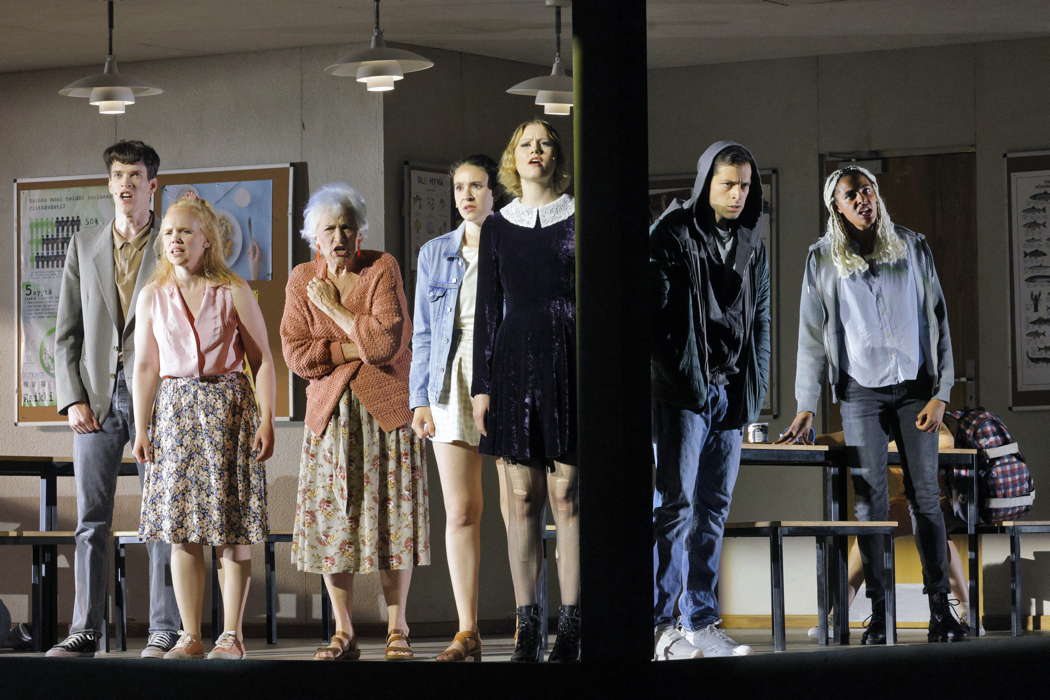 From left to right: Rowan Kievits as Student No 4 (Anton), Beate Mordal as Student No 2 (Lilly), Lucy Shelton as the Teacher, Marina Dumont as Student No 6 (Alexia), Vilma Jää as Student No 1 (Markéta), Camilo Delgado Díaz as Student No 5 (Jerónimo) and Julie Hega as Student No 3 (Iris) in 'Innocence' by Kaija Saariaho, Sofi Oksanen and Aleksi Barrière at San Francisco Opera. Photo © 2024 Cory Weaver