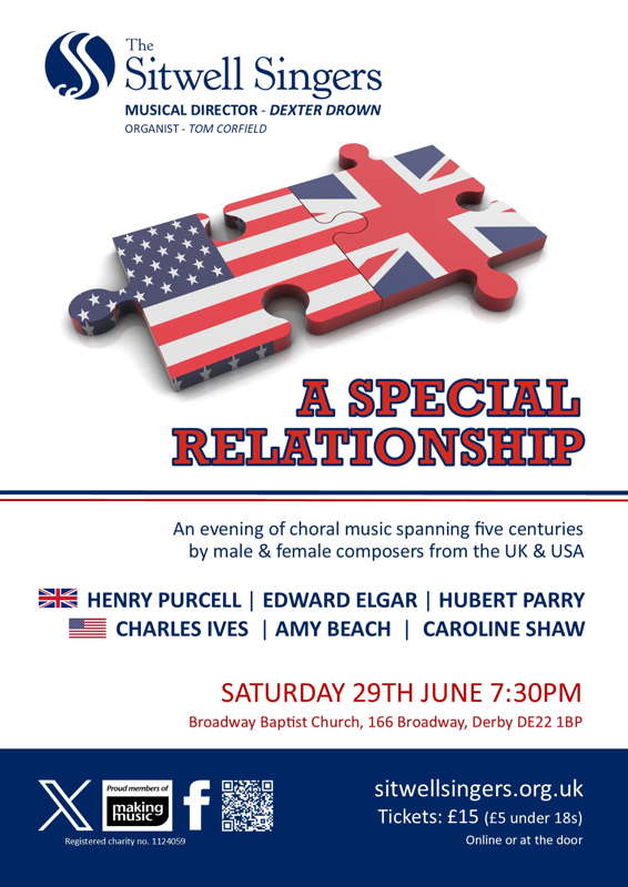 Poster for Sitwell Singers' concert 'A Special Relationship', dedicated to the memory of choir member Sheila Heathcote