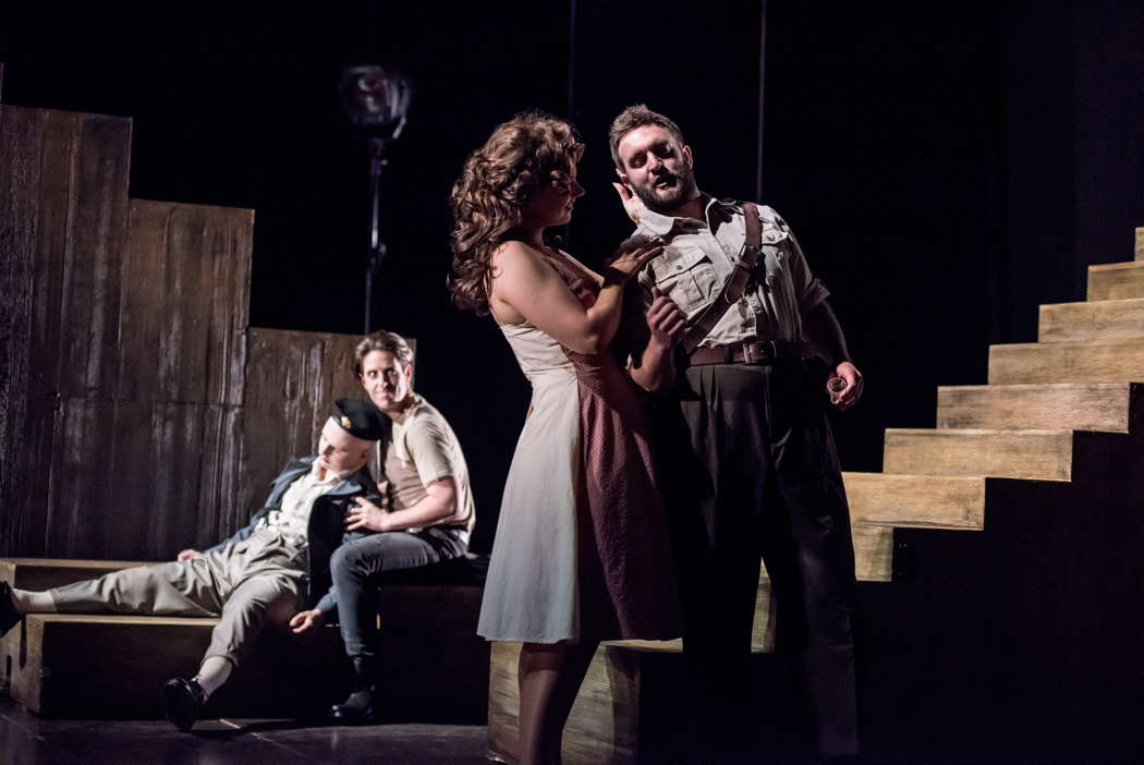 From left to right: Cameron Cook as Zuniga, Elgan Llŷr Thomas as Don José, Niamh O'Sullivan as Carmen and Steffan Lloyd Owen as Escamillo in 'La Tragédie de Carmen' at the Buxton Festival. Photo © 2024 Genevieve Girling