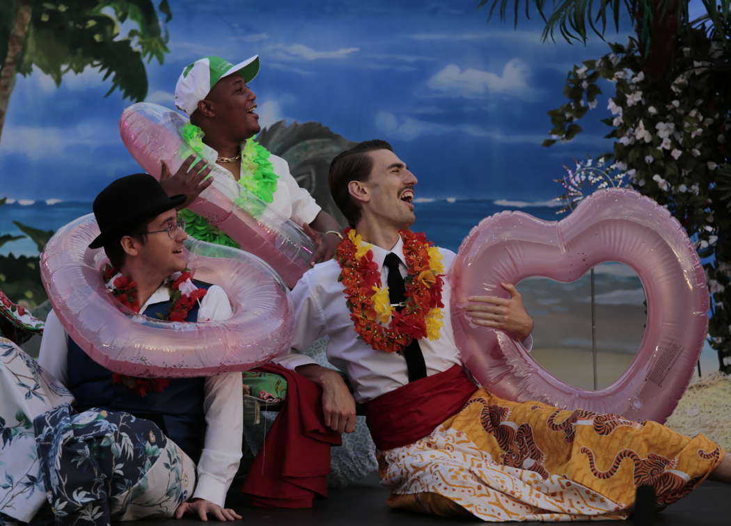 A lot of fun - James (Magnus Walker), Brunoro (Monwabisi Lindi) and Don Lopes (Jonathan Eyers) in Gazzaniga's 'L'isola d'Alcina' at Bampton Classical Opera. Photo © 2024 Anthony Hall