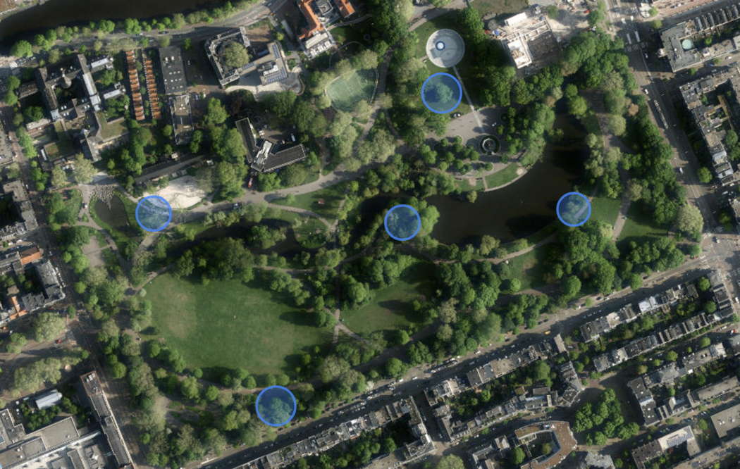 A screenshot from the SonicMaps website showing Amsterdam's Oosterpark. The five blue circles show the locations of the five trees which provide the focus points of Evalien van den Broek's sound walk. SonicMaps is a system created by RecursiveArts, an independent development studio, which 'turns traditional maps into fully interactive audiovisual experiences to transform your sense of place'.