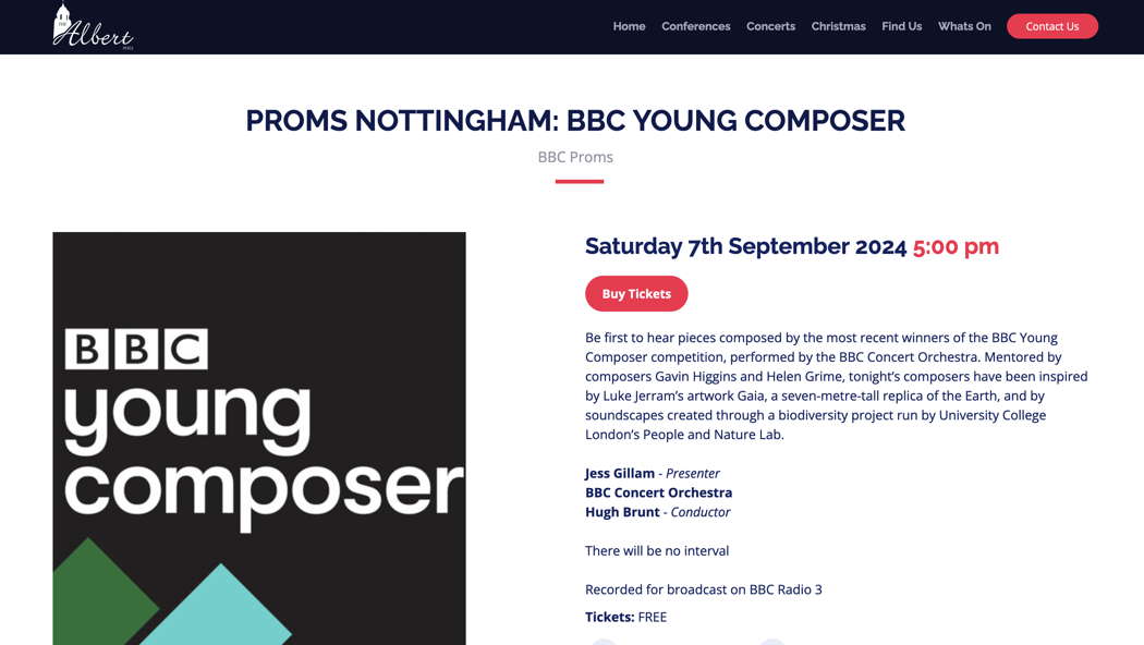 Publicity on Nottingham's Albert Hall website for the BBC Young Composer concert on 7 September 2024