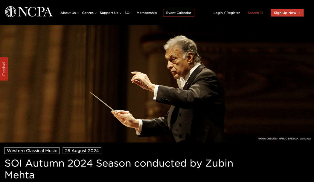 Online NCPA publicity for Zubin Mehta's 25 August 2024 concert in Mumbai