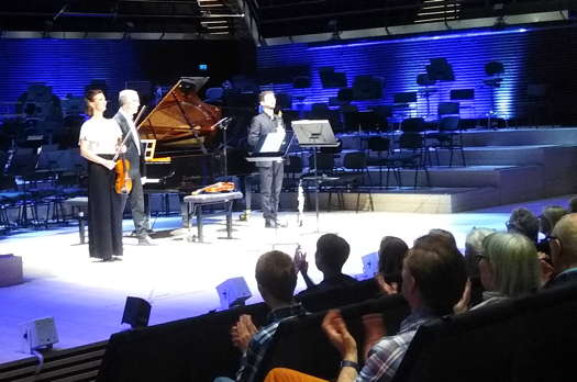 Tuuli Talvitie, Jouko Laivuori and Giuseppe Gentile acknowledge applause at the end of 'Contrasts'. Photo © 2024 Keith Bramich