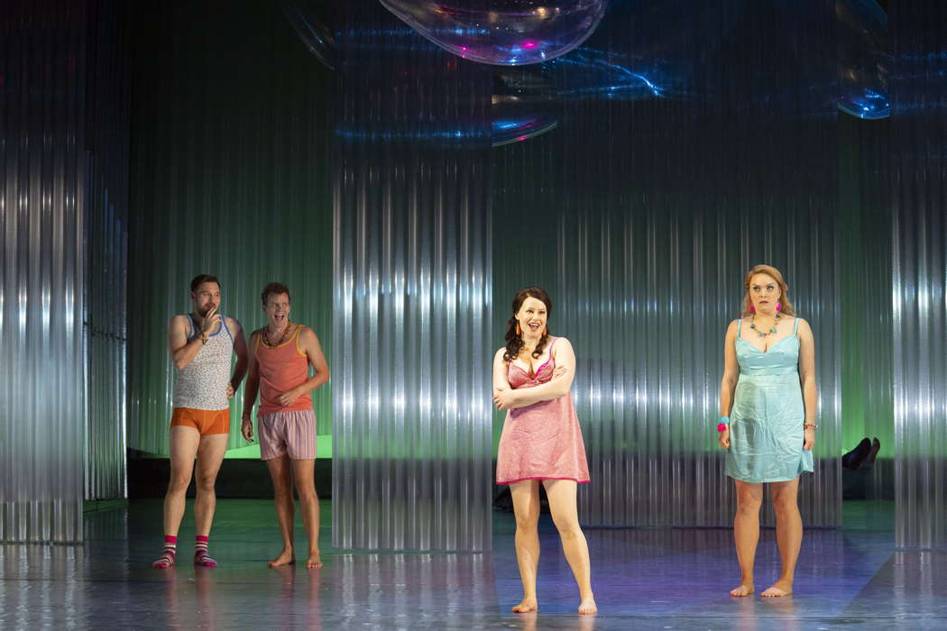 From left to right: James Newby as Demetrius, Peter Kirk as Lysander, Siân Griffiths as Hermia and Camilla Harris as Helena in Opera North's 'A Midsummer Night's Dream'. Photo © 2024 Richard H Smith