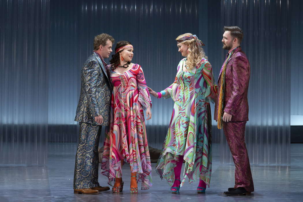 From left to right: Peter Kirk as Lysander, Siân Griffiths as Hermia, Camilla Harris as Helena and James Newby as Demetrius in Opera North's 'A Midsummer Night's Dream'. Photo © 2024 Richard H Smith