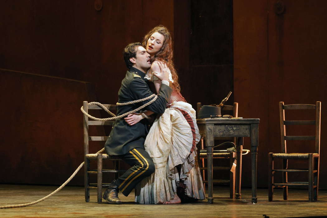 Jonathan Tetelman as Don José and Eve-Maud Hubeaux in the title role of Bizet's 'Carmen' at San Francisco Opera. Photo © 2024 Cory Weaver