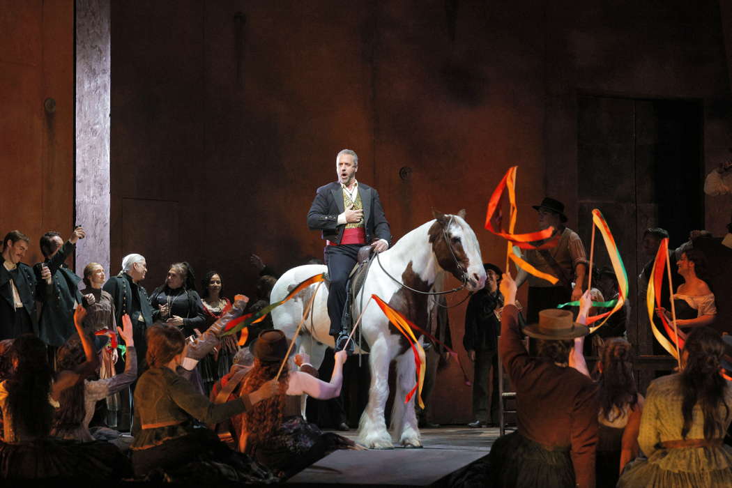 Christian Van Horn as Escamillo and members of the San Francisco Opera Chorus in Bizet's 'Carmen' at San Francisco Opera. Photo © 2024 Cory Weaver