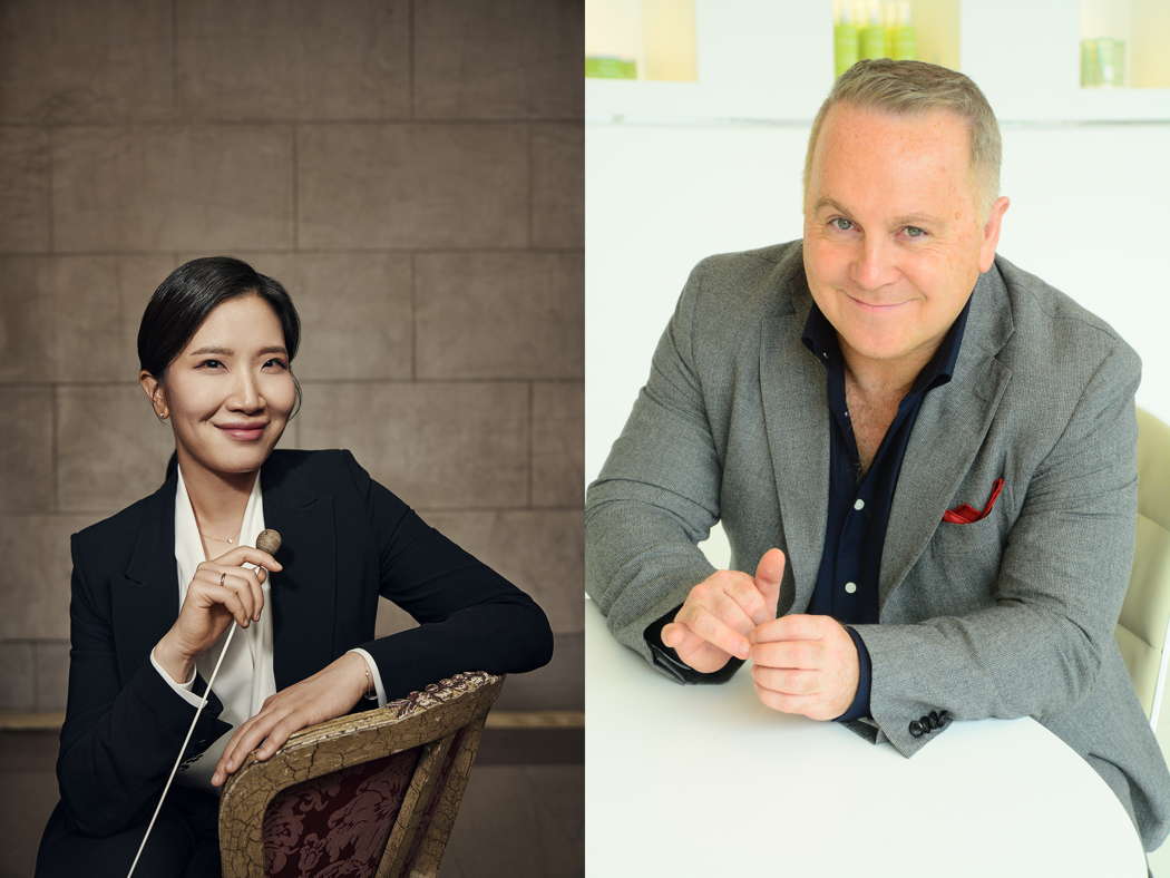 South Korean conductor Eun Sun Kim (born 1980), San Francisco Opera's music director until 2031 (left, photo © 2023 Cody Pickens) and Scottish opera director Paul Curran (born 1964, photo uncredited)
