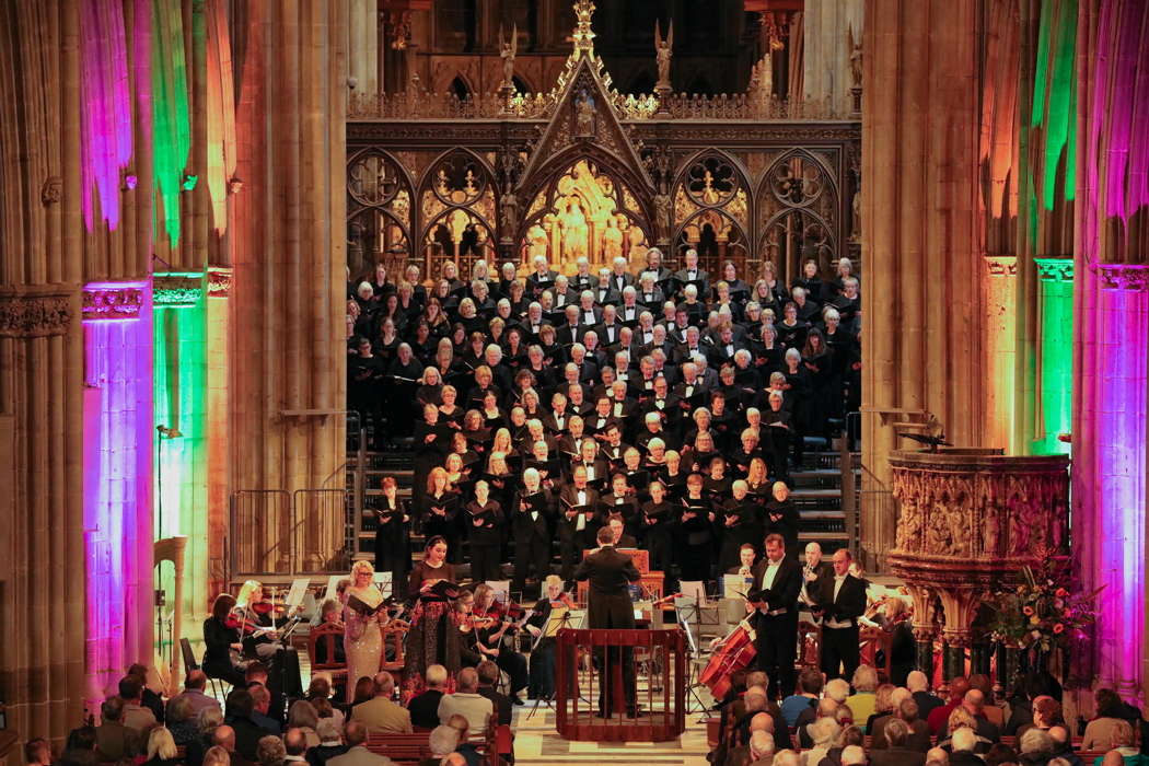 Soloists Brittany King, Frances Gregory, Greg Tassell and Peter Edge with Worcester Festival Choral Society, Meridian Sinfonia and conductor Samuel Hudson in Worcester Cathedral on 23 November 2024. Photo © 2024 Michael Whitefoot