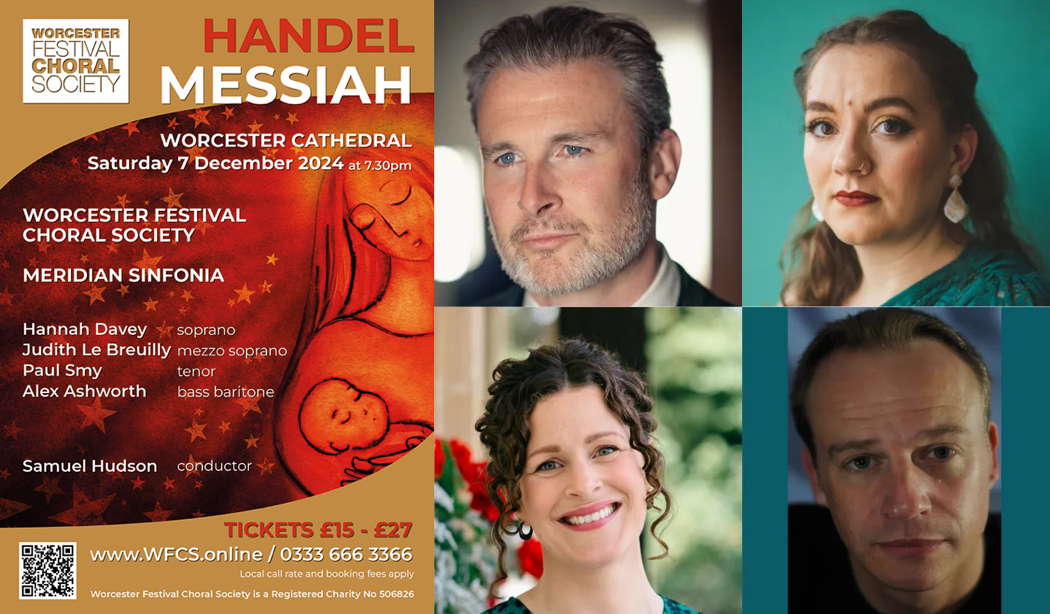 Worcester Festival Choral Society's 'Messiah' concert poster for 7 December 2024, with a montage of soloists