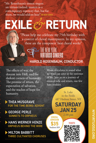 Poster for the New York Virtuoso Singers' 'Exile and Return' concert on 25 January 2025