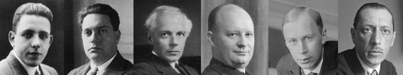 Neoclassical composers - from left to right: Poulenc, Milhaud, Bartók, Hindemith, Prokofiev and Stravinsky