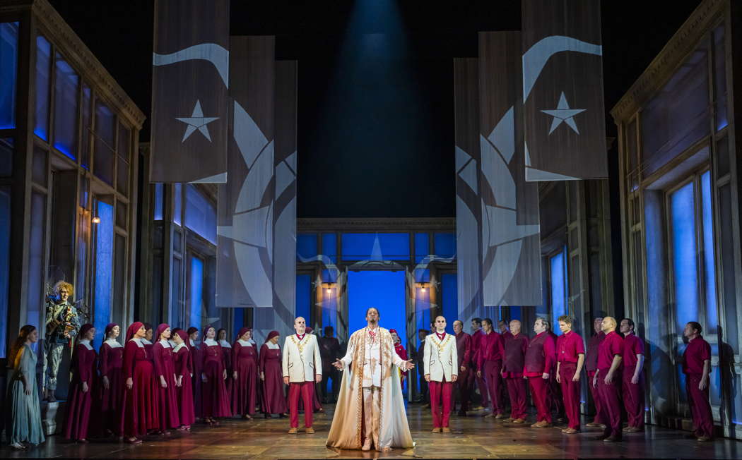 Claire Lees as Pamina (far left), Emyr Wyn Jones as Papageno, Paul Gibson as Second Priest, Msimelelo Mbali as Sarastro and Tom Smith as First Priest with members of The Magic Flute cast and Chorus of Opera North in Opera North's production of Mozart's 'The Magic Flute'. Photo © 2024 Tristram Kenton
