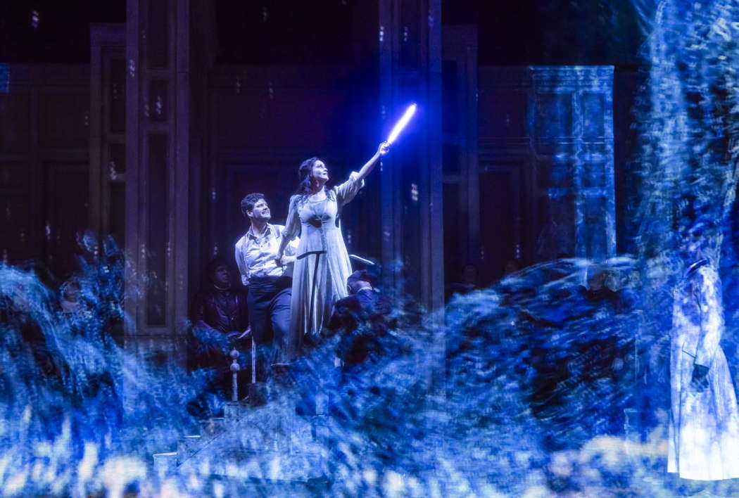 Egor Zhuravskii as Tamino and Claire Lees as Pamina in Opera North's production of Mozart's 'The Magic Flute'. Photo © 2024 Tristram Kenton